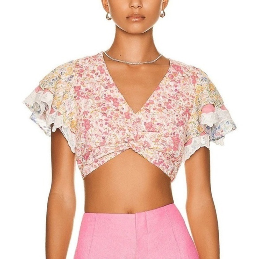 LoveShackFancy Kielle Crop Top Size Medium Pink Floral Twist Front Ruffle Sleeve